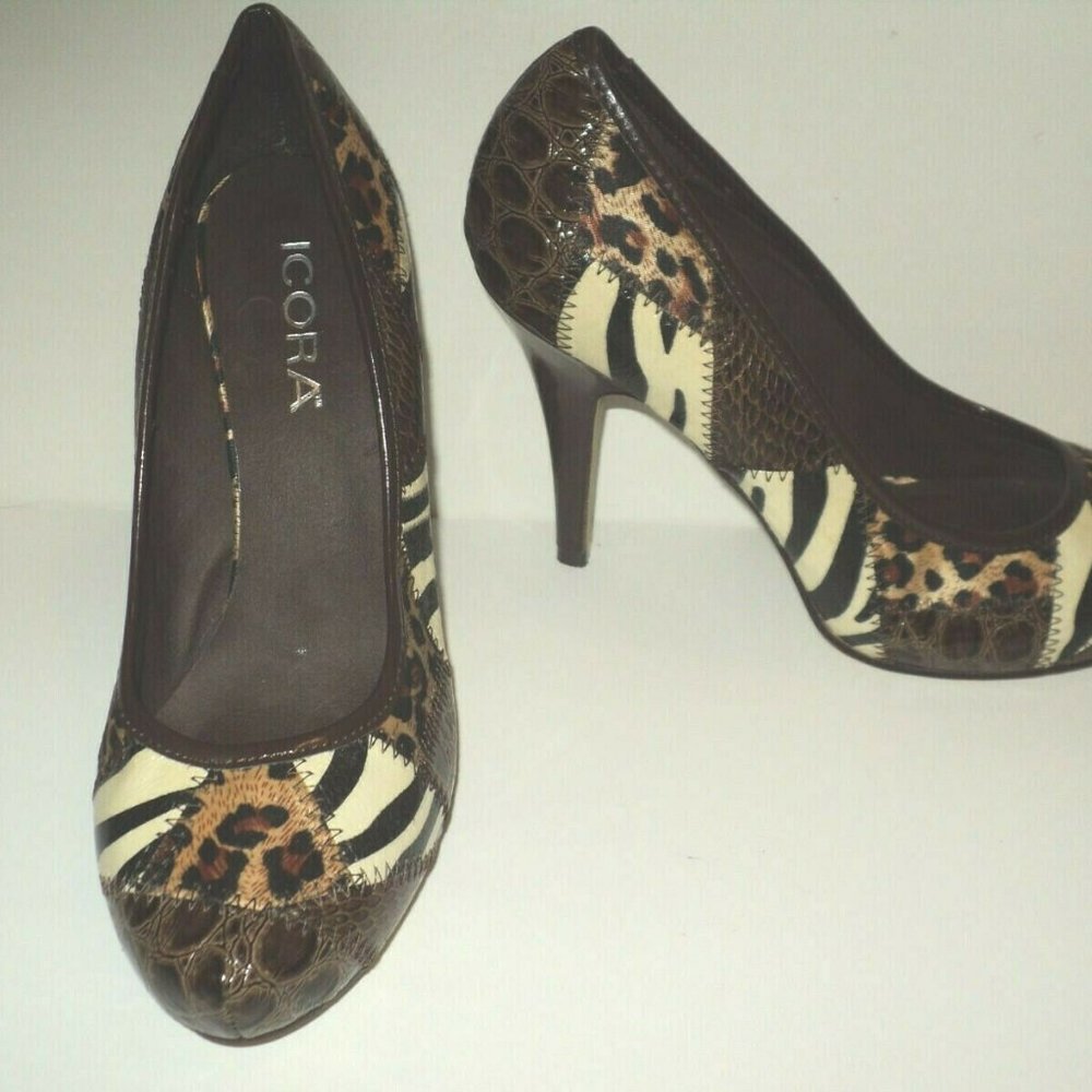 NEW Shi by Journeys Icora Heels Size 7.5 Patched Animal Print Stilettos Shoes